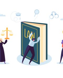 Law and Justice Concept with Characters and Judical Elements, Lawbook, Lawyer. Judgment and Court Jury People. Vector illustration