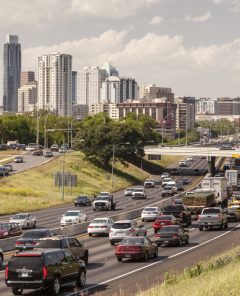 Austin, TX, USA - April 11, 2016: Heavy rush hour traffic on the highway near Austin City. Texas, United States