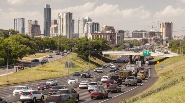 Austin, TX, USA - April 11, 2016: Heavy rush hour traffic on the highway near Austin City. Texas, United States