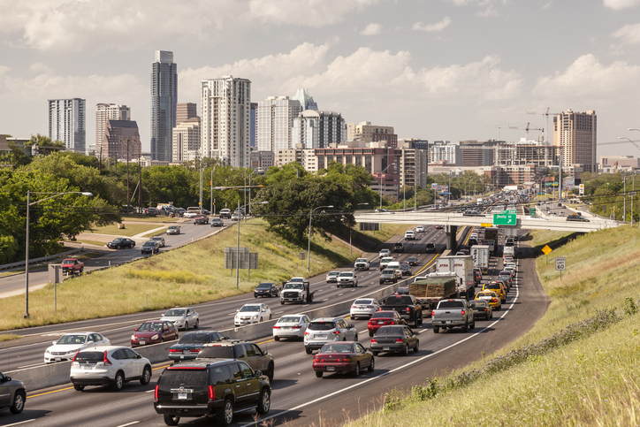 Austin, TX, USA - April 11, 2016: Heavy rush hour traffic on the highway near Austin City. Texas, United States